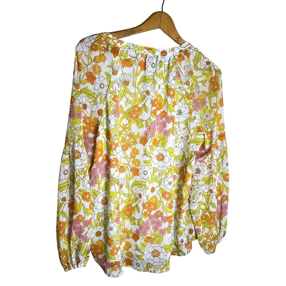 Floral Peasant Top Large Retro Hippie Boho Lantern Sleeve V-Neck Chiffon - Picture 4 of 6
